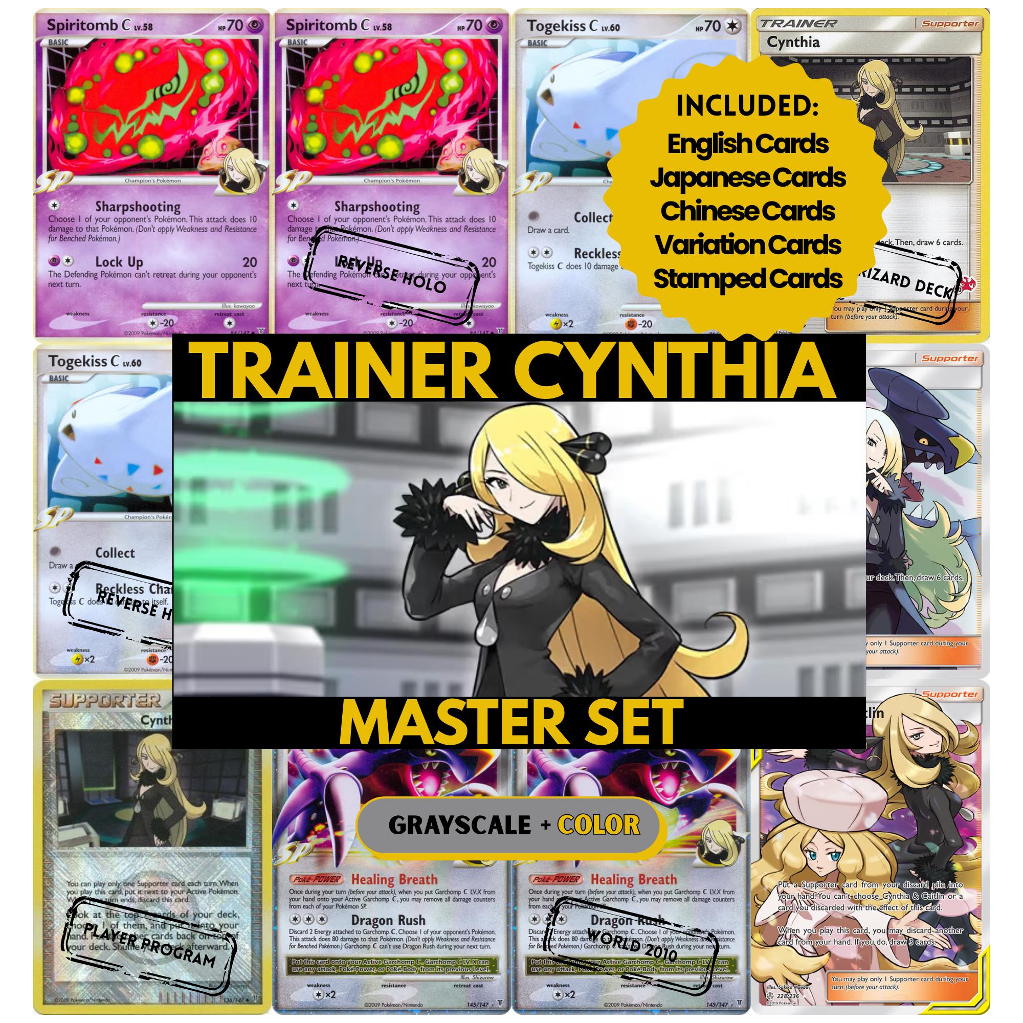 Trainer Cynthia Master Set binder pages set showing Pokémon placeholders in grayscale and color, designed as a digital download to complete a collector’s binder.