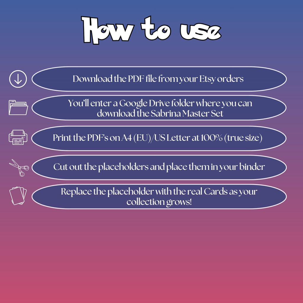 Trainer Sabrina cards digital download instructions explaining how to print, cut, and place placeholders in a Pokémon binder.