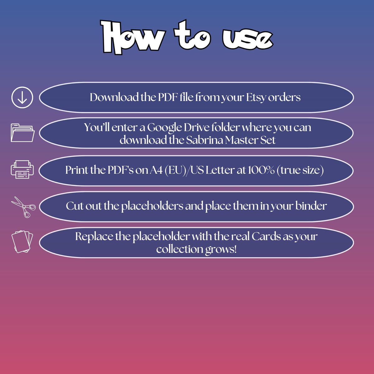 Trainer Sabrina cards digital download instructions explaining how to print, cut, and place placeholders in a Pokémon binder.