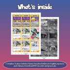 Trainer Sabrina Master set overview showing the included Pokémon cards to print and cut for your binder sleeves in grayscale and color.