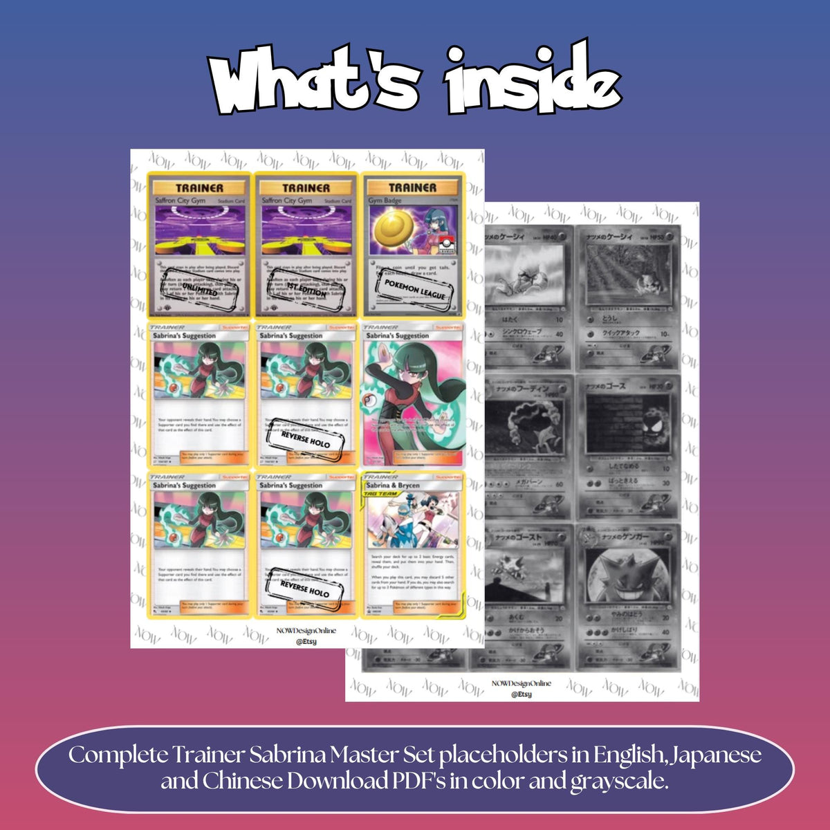Trainer Sabrina Master set overview showing the included Pokémon cards to print and cut for your binder sleeves in grayscale and color.
