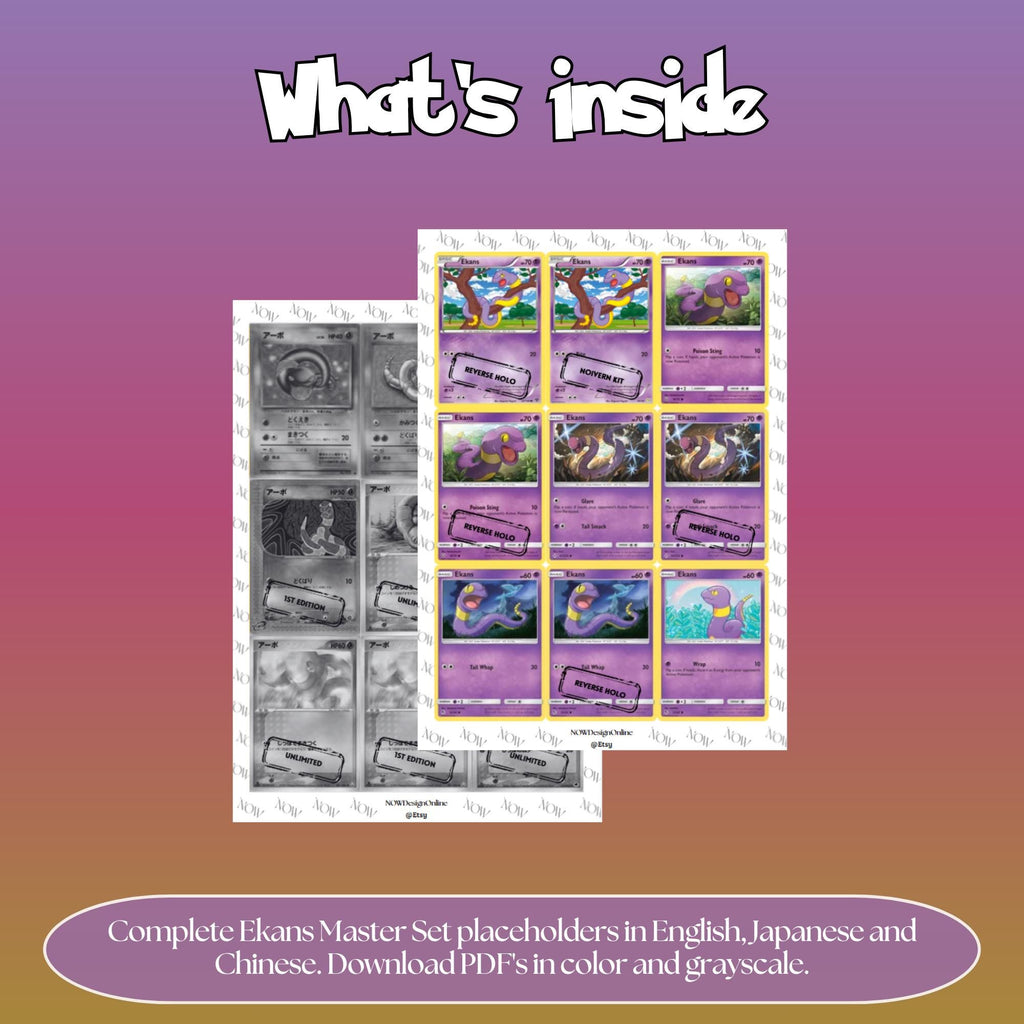 Ekans binder pages set overview showing the included Pokémon cards to print and cut for your binder sleeves.