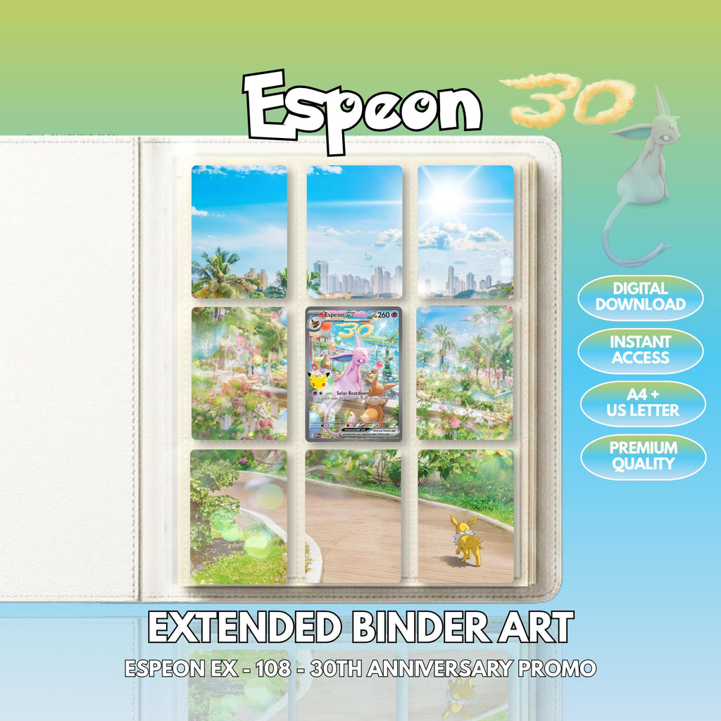 Extended binder art cover featuring Espeon 30th Anniversary Promo Card in a 3×3 binder layout, with framed artwork accents and digital download labels.