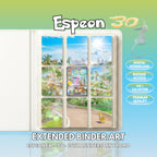 Extended binder art cover featuring Espeon 30th Anniversary Promo Card in a 3×3 binder layout, with framed artwork accents and digital download labels.