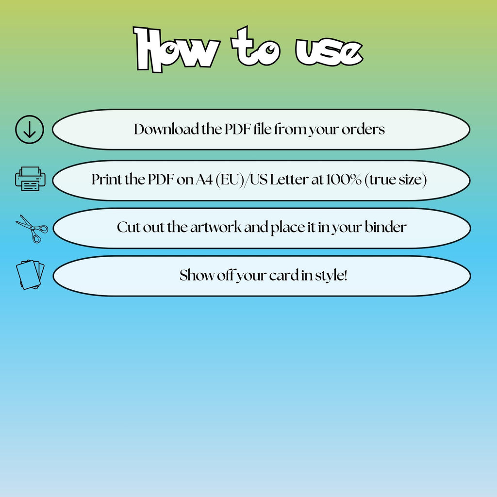 How to use instructions for printable Espeon extended binder art, showing steps for downloading, printing, cutting and inserting the artwork to your binder.