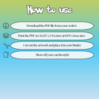 How to use instructions for printable Espeon extended binder art, showing steps for downloading, printing, cutting and inserting the artwork to your binder.