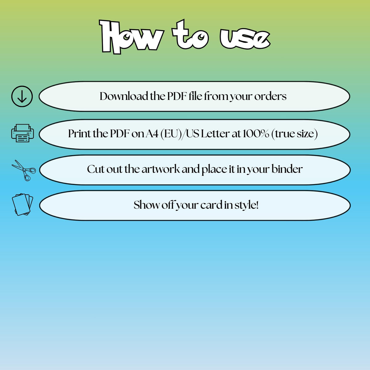 How to use instructions for printable Espeon extended binder art, showing steps for downloading, printing, cutting and inserting the artwork to your binder.