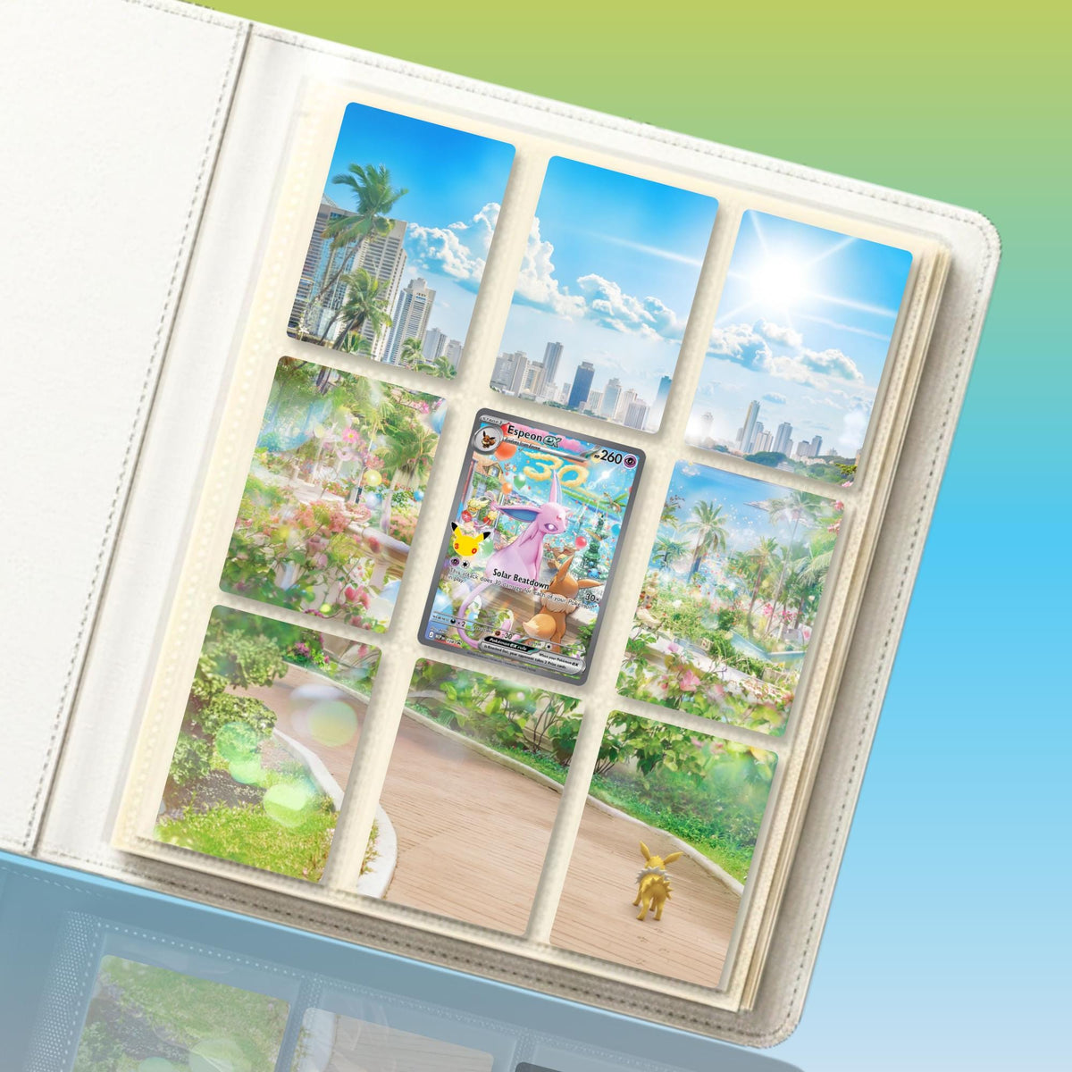 Espeon extended binder artwork displayed in a 9 pocket Pokémon binder.