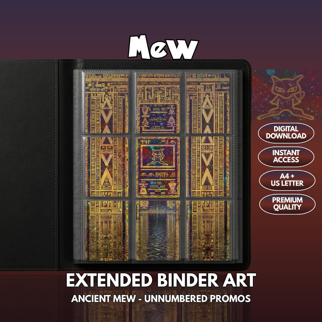 Extended binder art cover featuring Ancient Mew Card in a 3×3 binder layout, with framed artwork accents and digital download labels.