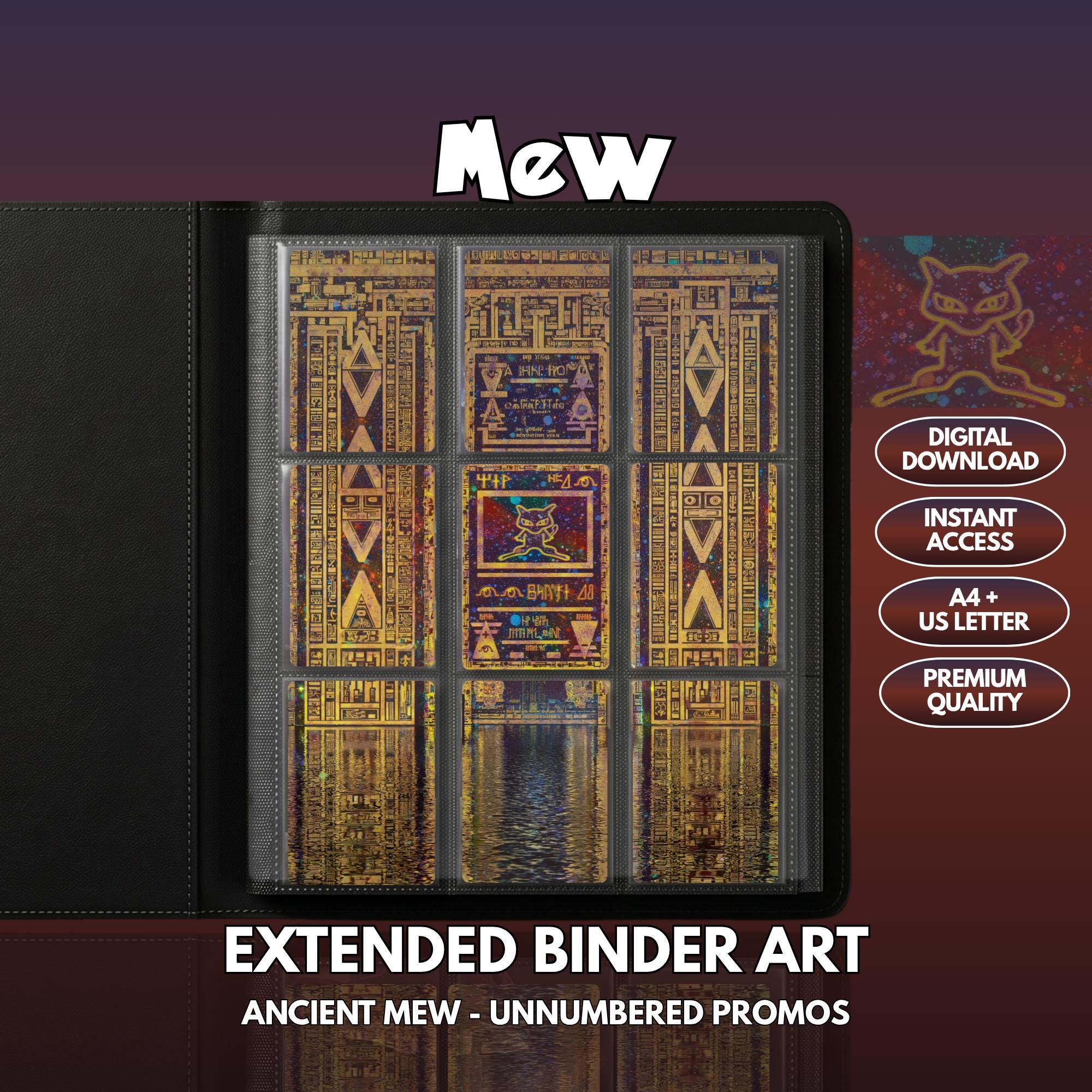 Extended binder art cover featuring Ancient Mew Card in a 3×3 binder layout, with framed artwork accents and digital download labels.