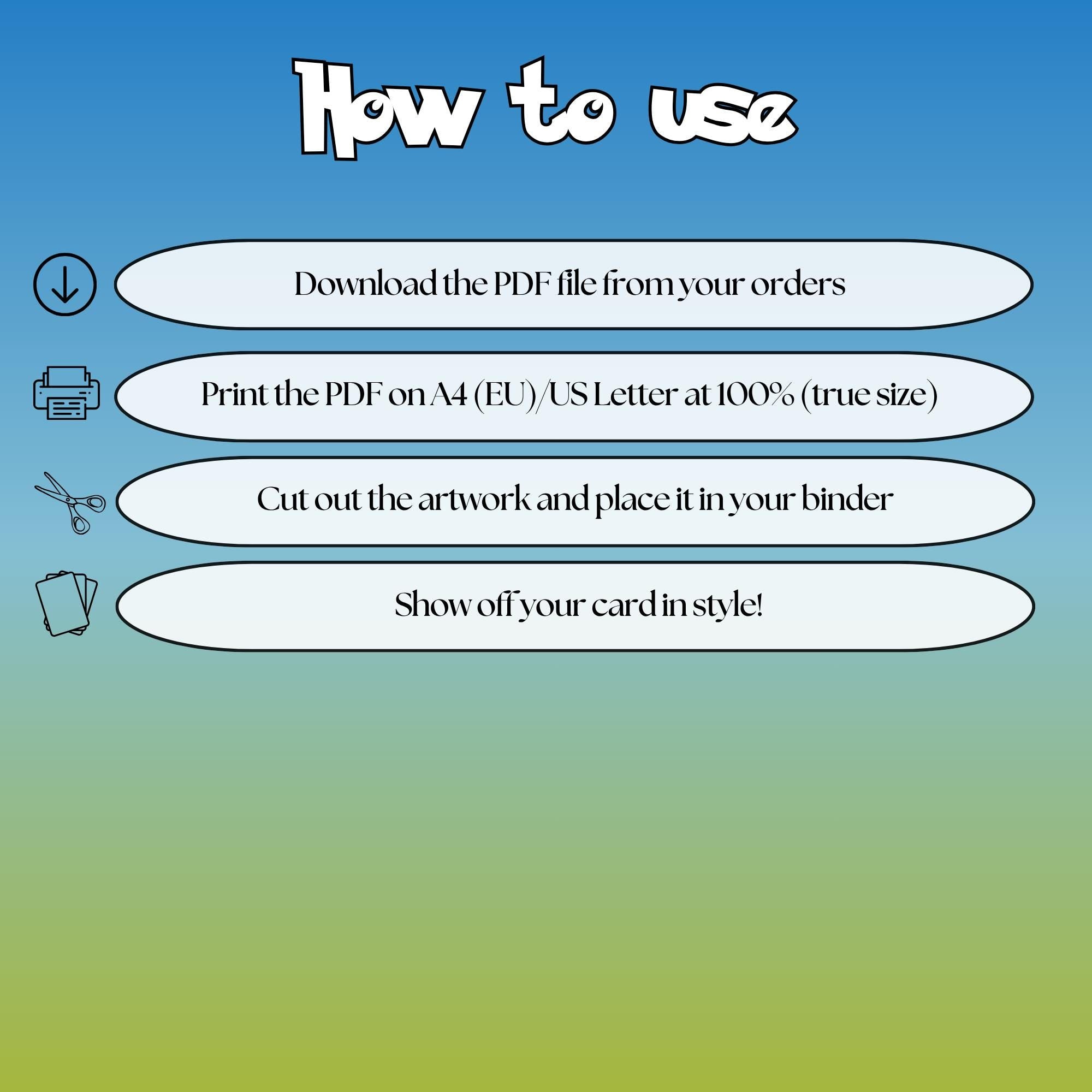 How to use instructions for printable Wooloo and Cottonee extended binder art, showing steps for downloading, printing, cutting and inserting the artwork to your binder.