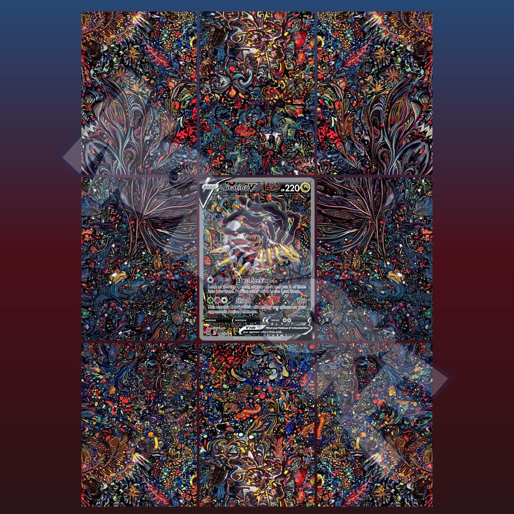 Giratina card displayed in extended binder artwork, styled as premium extended binder art for Pokémon collectors. Shows what you will receive as a PDF to download and print.