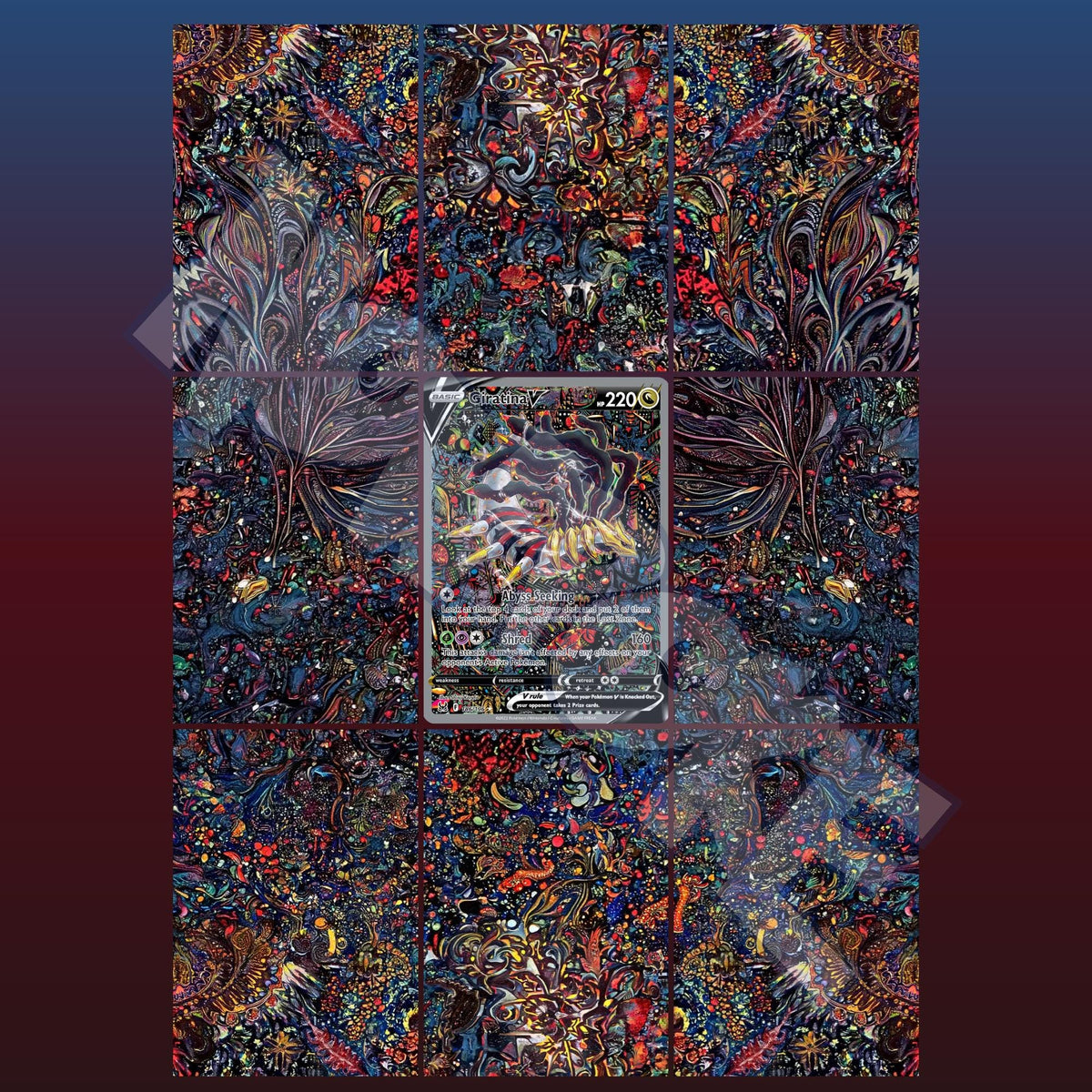 Giratina card displayed in extended binder artwork, styled as premium extended binder art for Pokémon collectors. Shows what you will receive as a PDF to download and print.