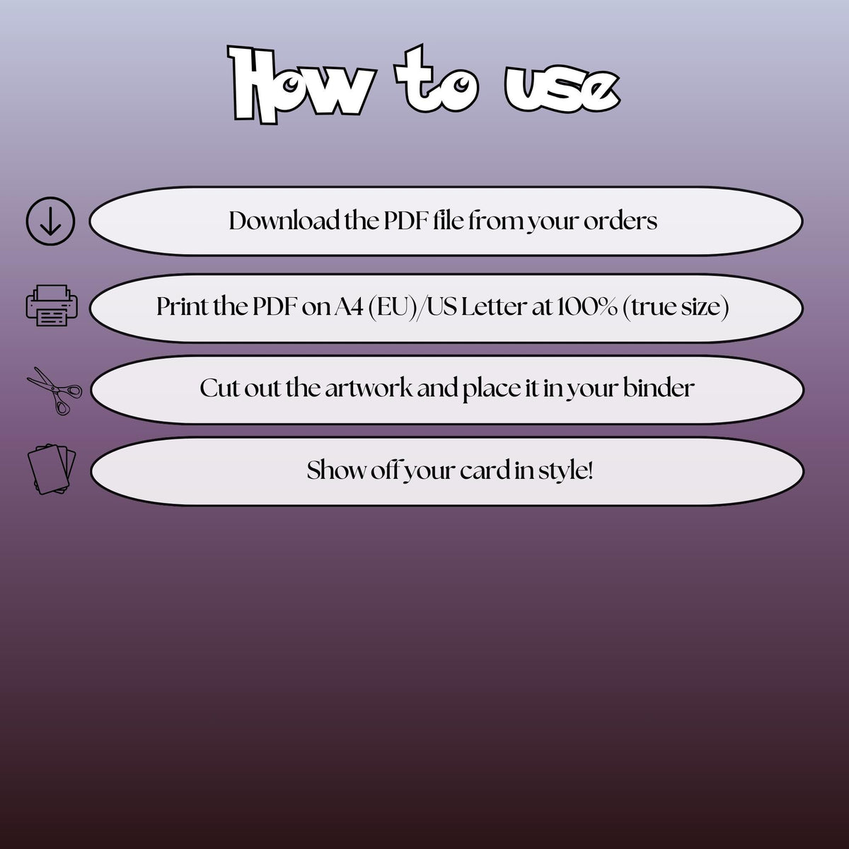 How to use instructions for printable Mewtwo extended binder art, showing steps for downloading, printing, cutting and inserting the artwork to your binder.