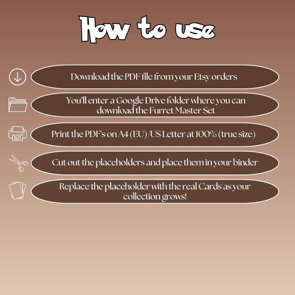 Furret cards digital download instructions explaining how to print, cut, and place placeholders in a Pokémon binder.