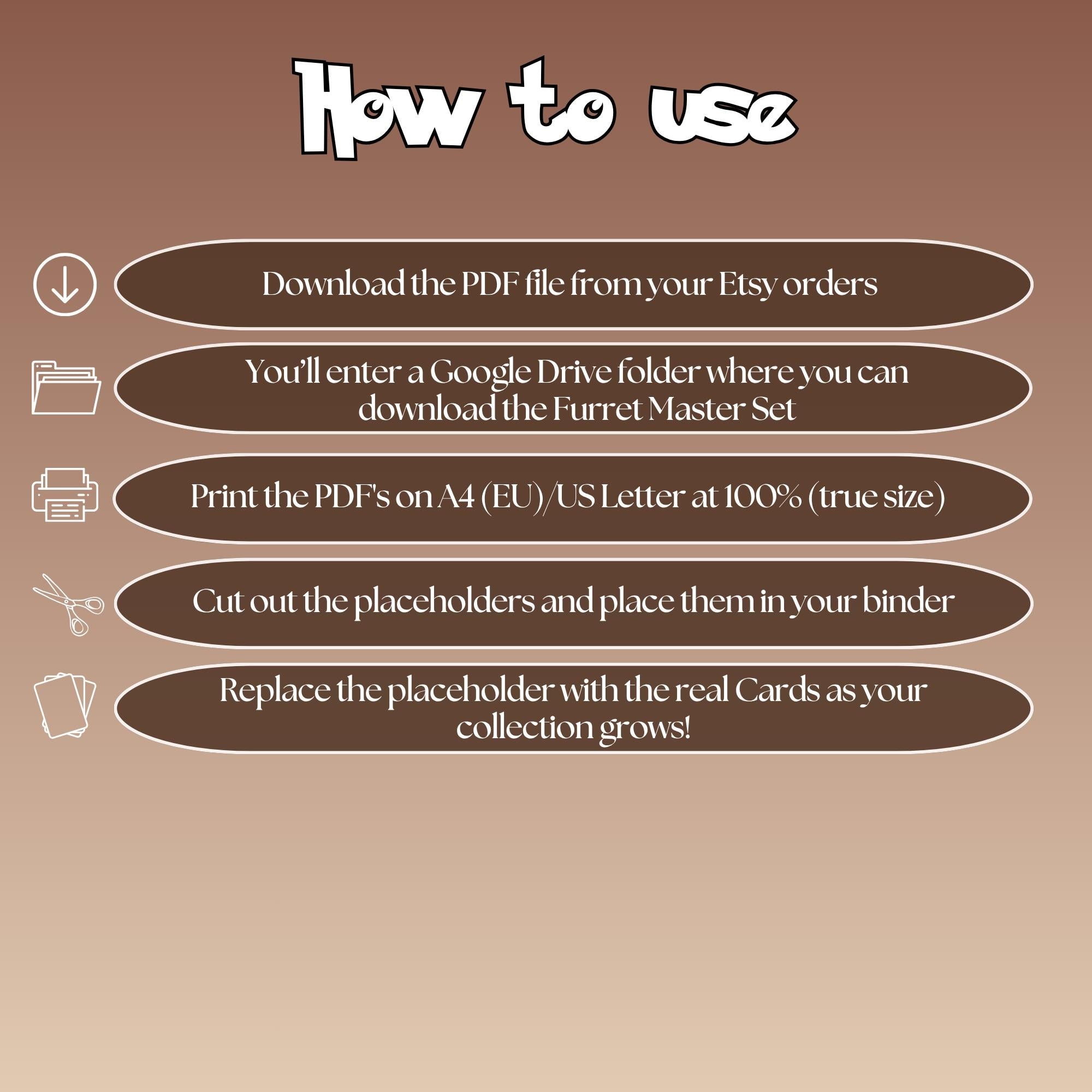 Furret cards digital download instructions explaining how to print, cut, and place placeholders in a Pokémon binder.