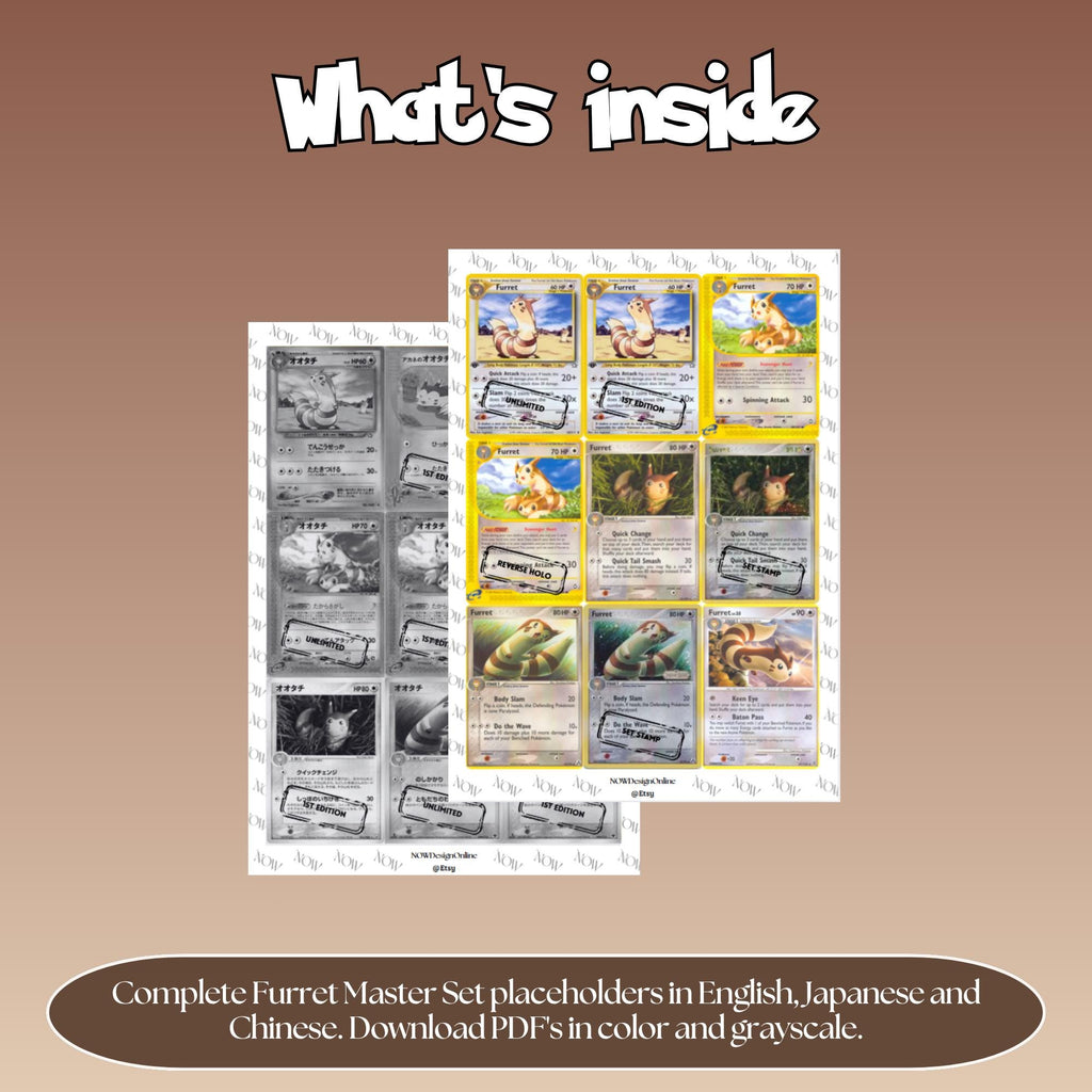 Furret binder pages set overview showing the included Pokémon cards to print and cut for your binder sleeves.