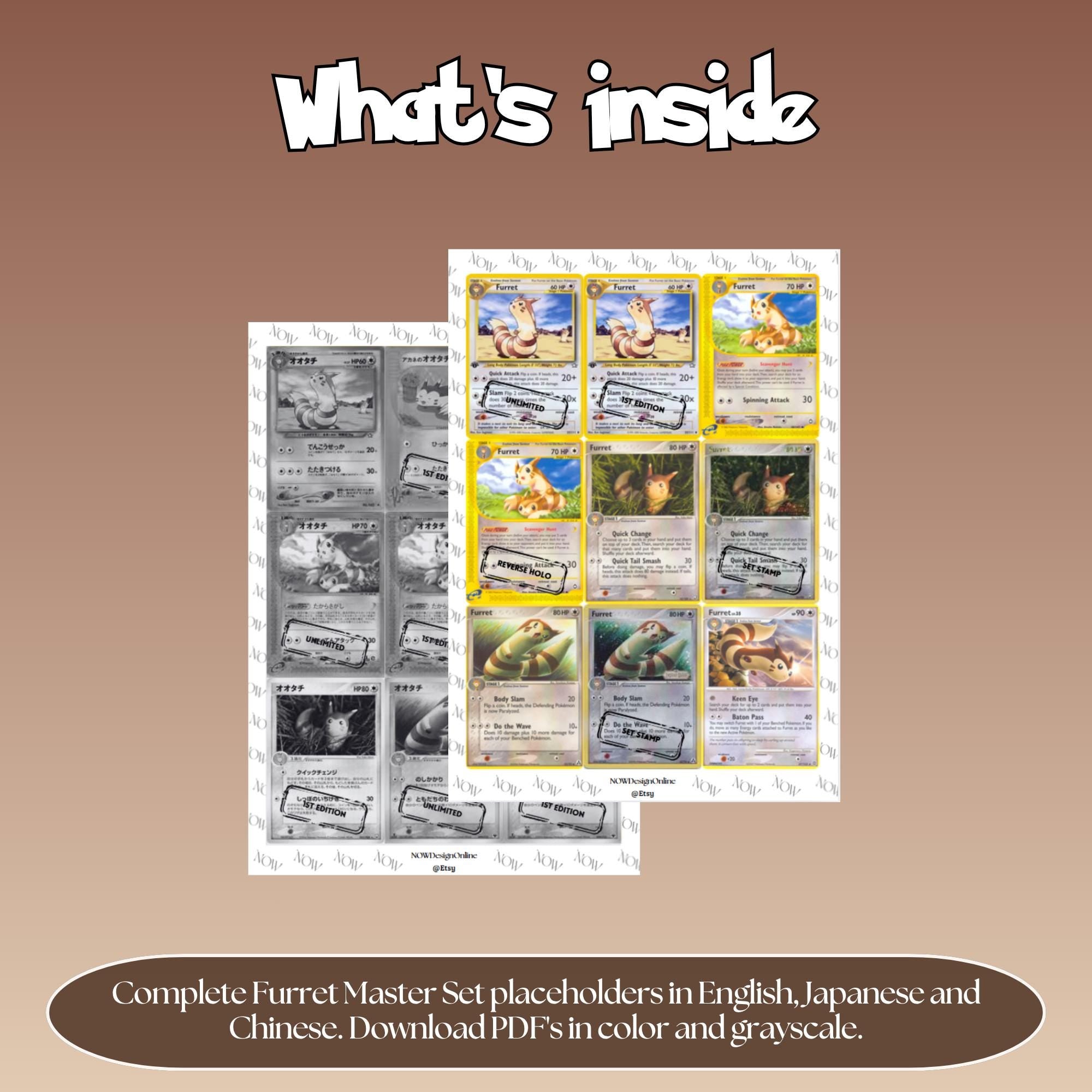 Furret binder pages set overview showing the included Pokémon cards to print and cut for your binder sleeves.