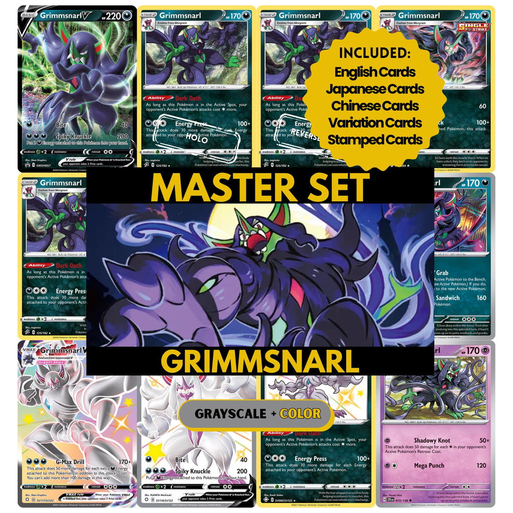 Grimmsnarl binder pages set showing grayscale and color Pokémon cards, designed as a digital download to complete a collector’s binder.