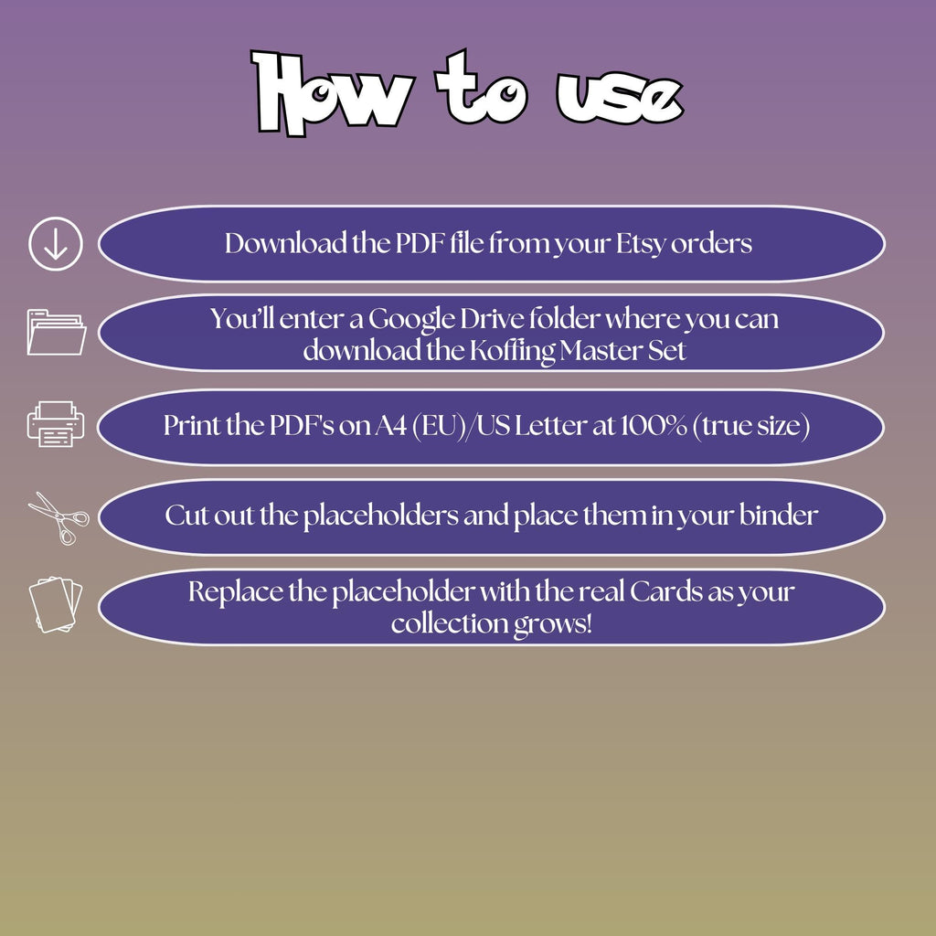 Koffing cards digital download instructions explaining how to print, cut, and place placeholders in a Pokémon binder.