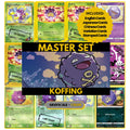 Koffing binder pages set showing grayscale and color Pokémon cards, designed as a digital download to complete a collector’s binder.