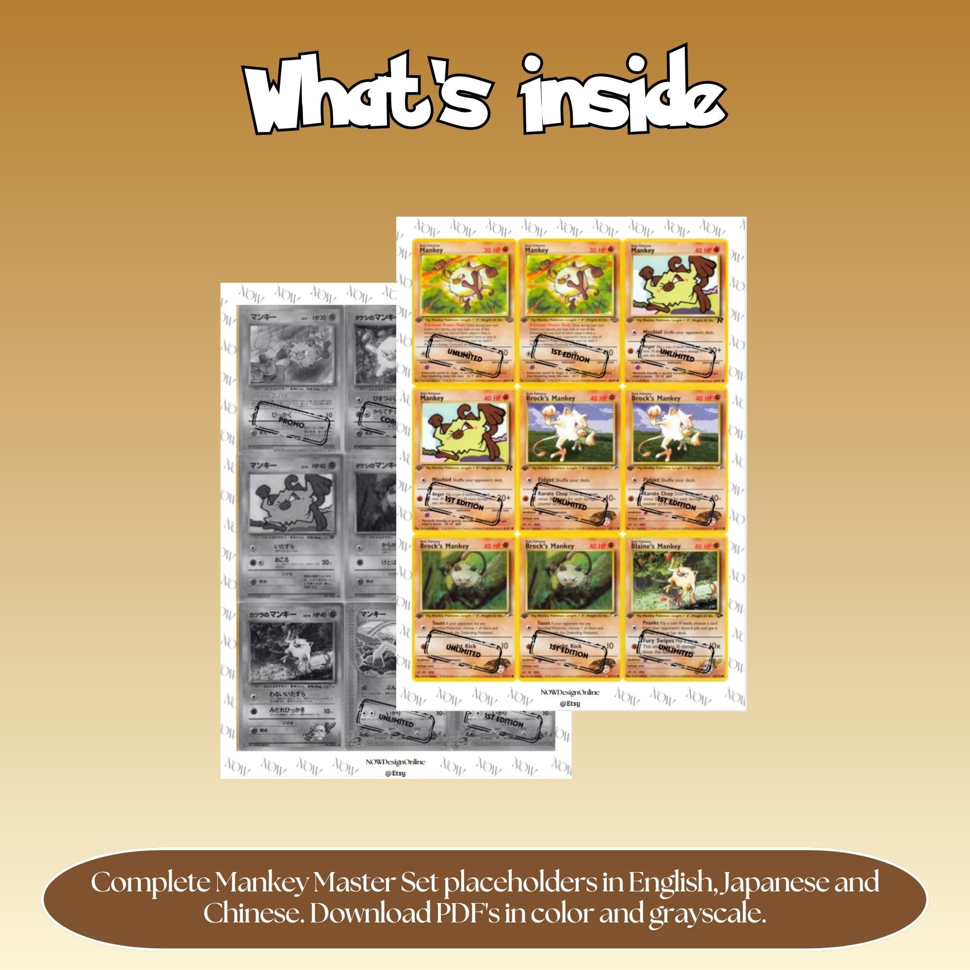Mankey binder pages set overview showing the included Pokémon cards to print and cut for your binder sleeves.