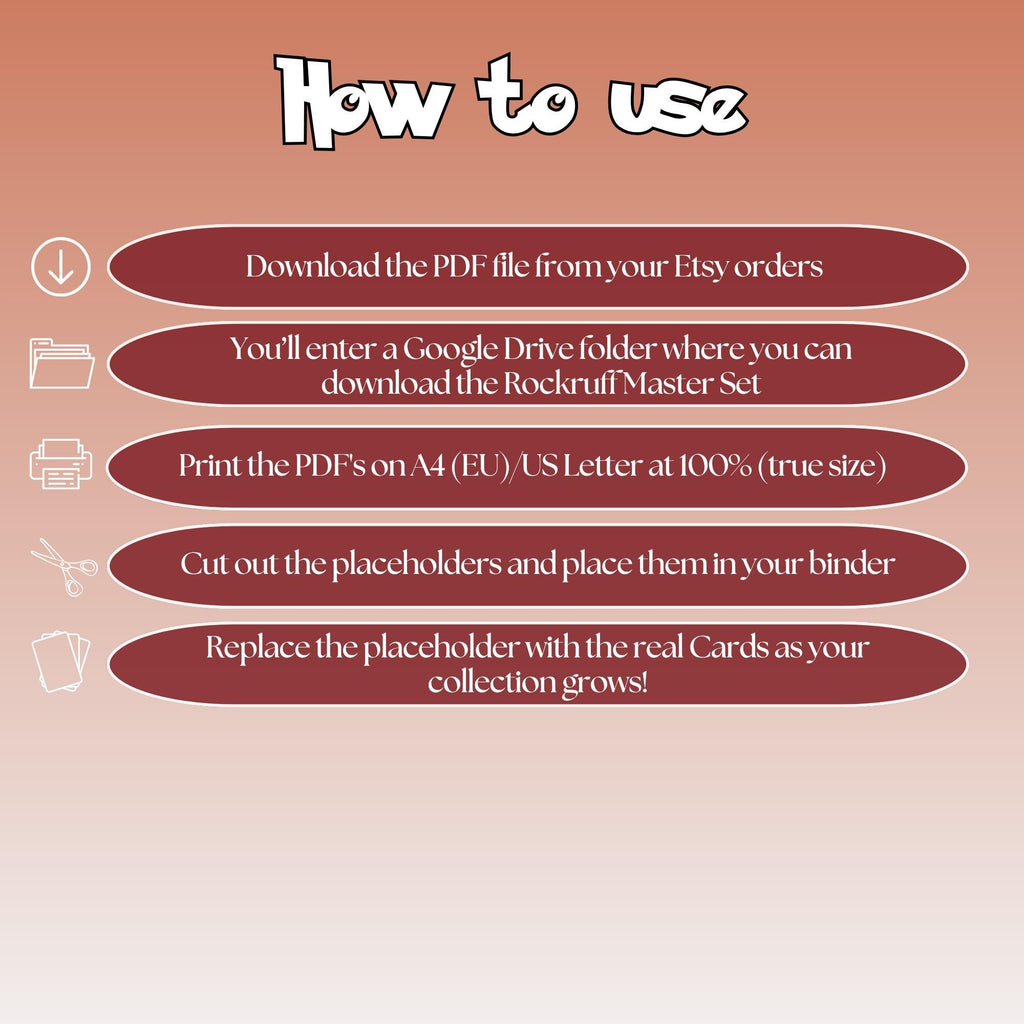 Rockruff cards digital download instructions explaining how to print, cut, and place placeholders in a Pokémon binder.