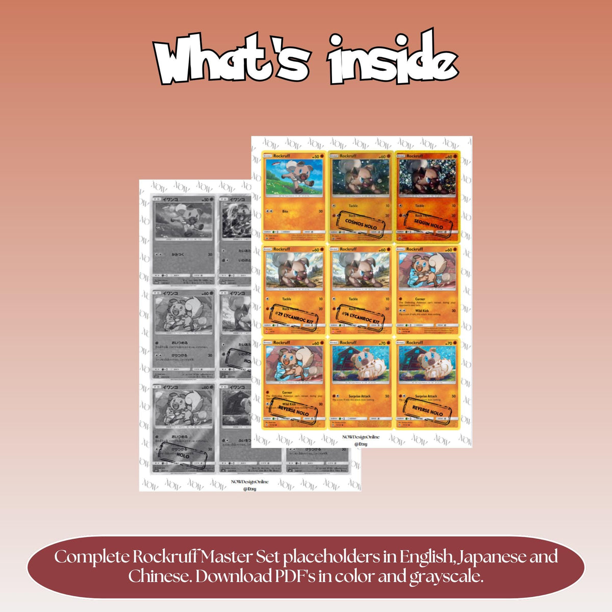 Rockruff binder pages set overview showing the included Pokémon cards to print and cut for your binder sleeves.