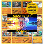 Rockruff binder pages set showing grayscale and color Pokémon cards, designed as a digital download to complete a collector’s binder.