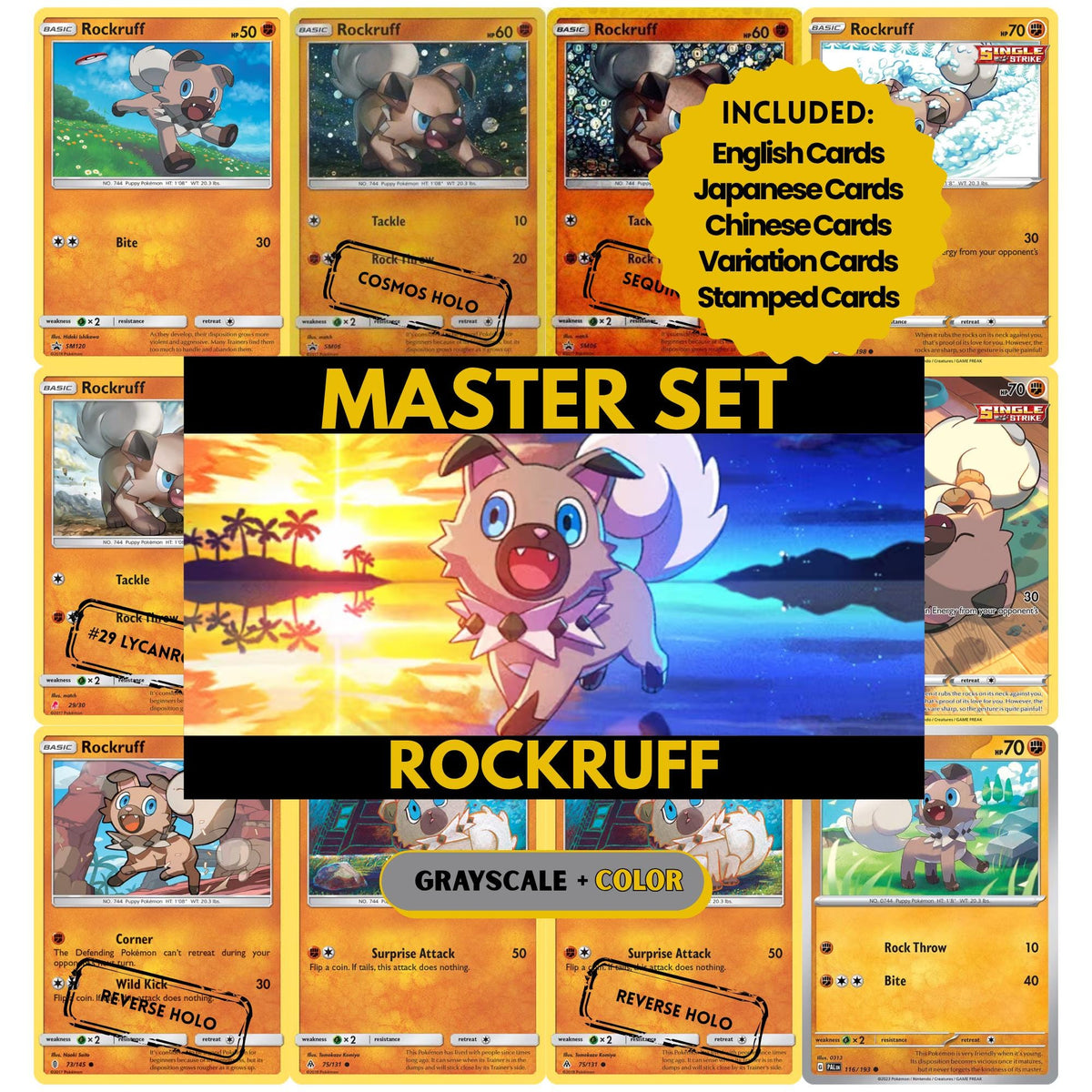 Rockruff binder pages set showing grayscale and color Pokémon cards, designed as a digital download to complete a collector’s binder.