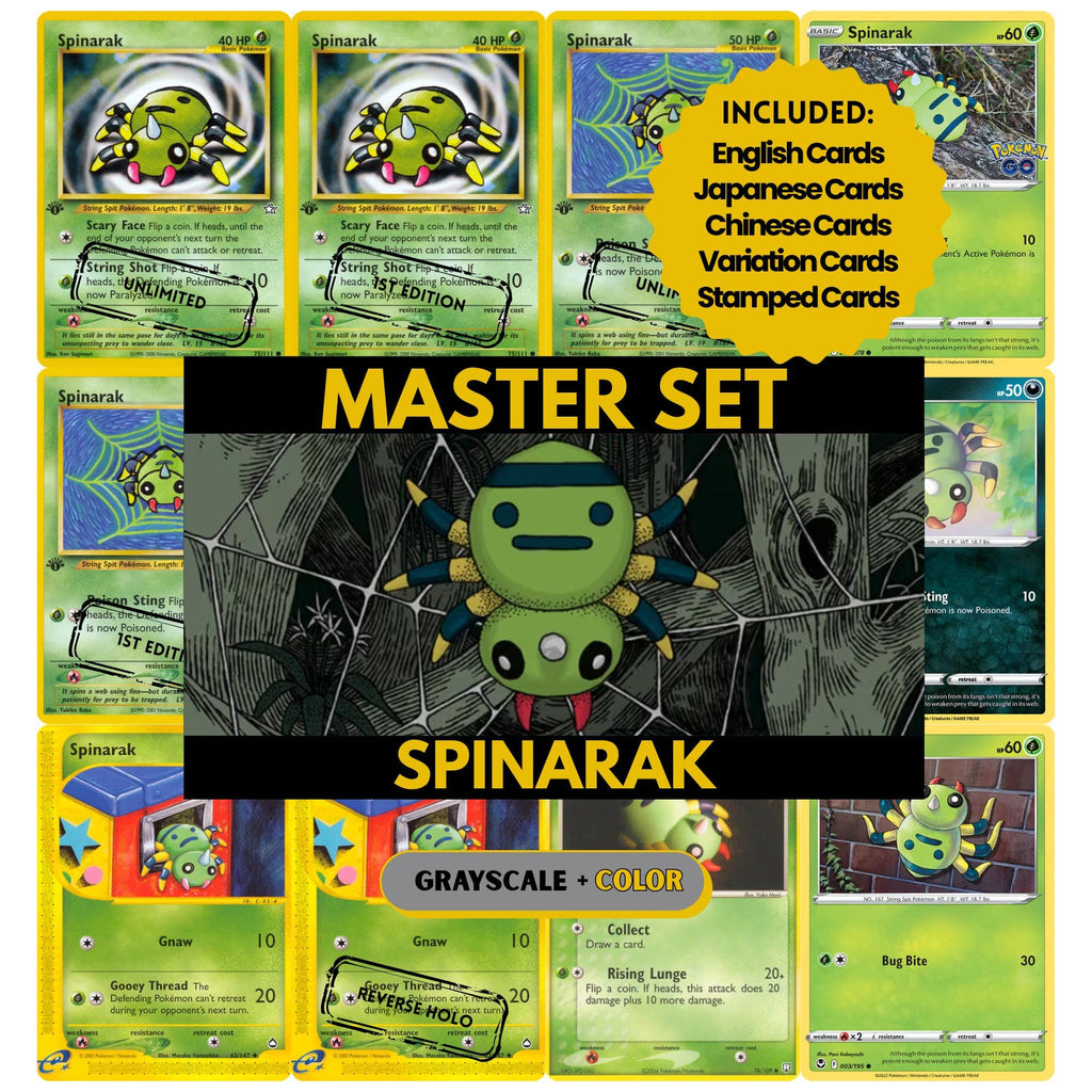 Spinarak binder pages set showing grayscale and color Pokémon cards, designed as a digital download to complete a collector’s binder.