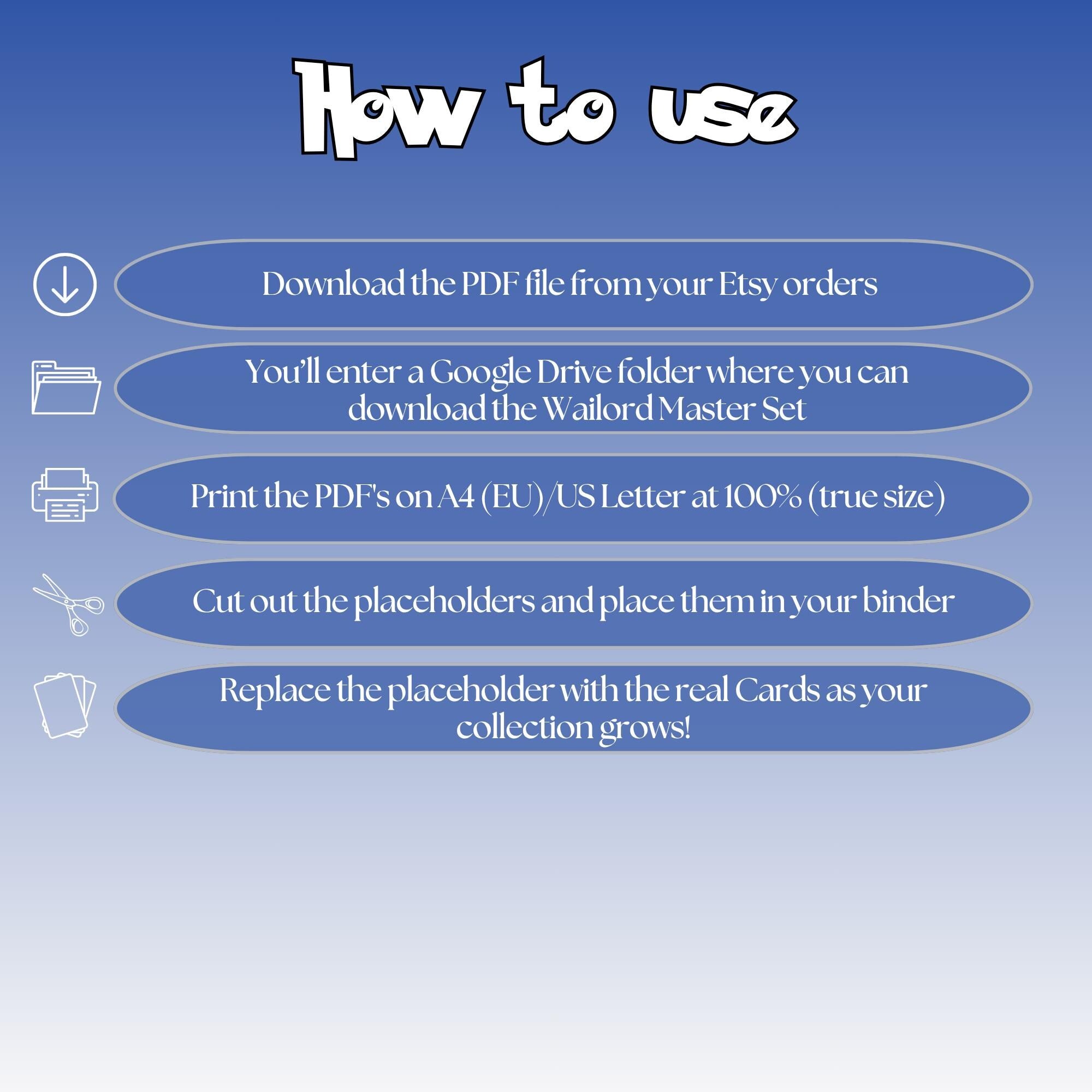 Wailord cards digital download instructions explaining how to print, cut, and place placeholders in a Pokémon binder.