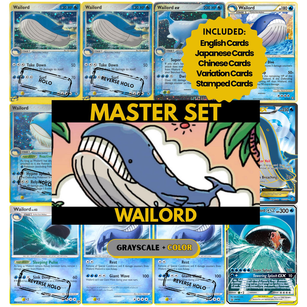Wailord binder pages set showing grayscale and color Pokémon cards, designed as a digital download to complete a collector’s binder.