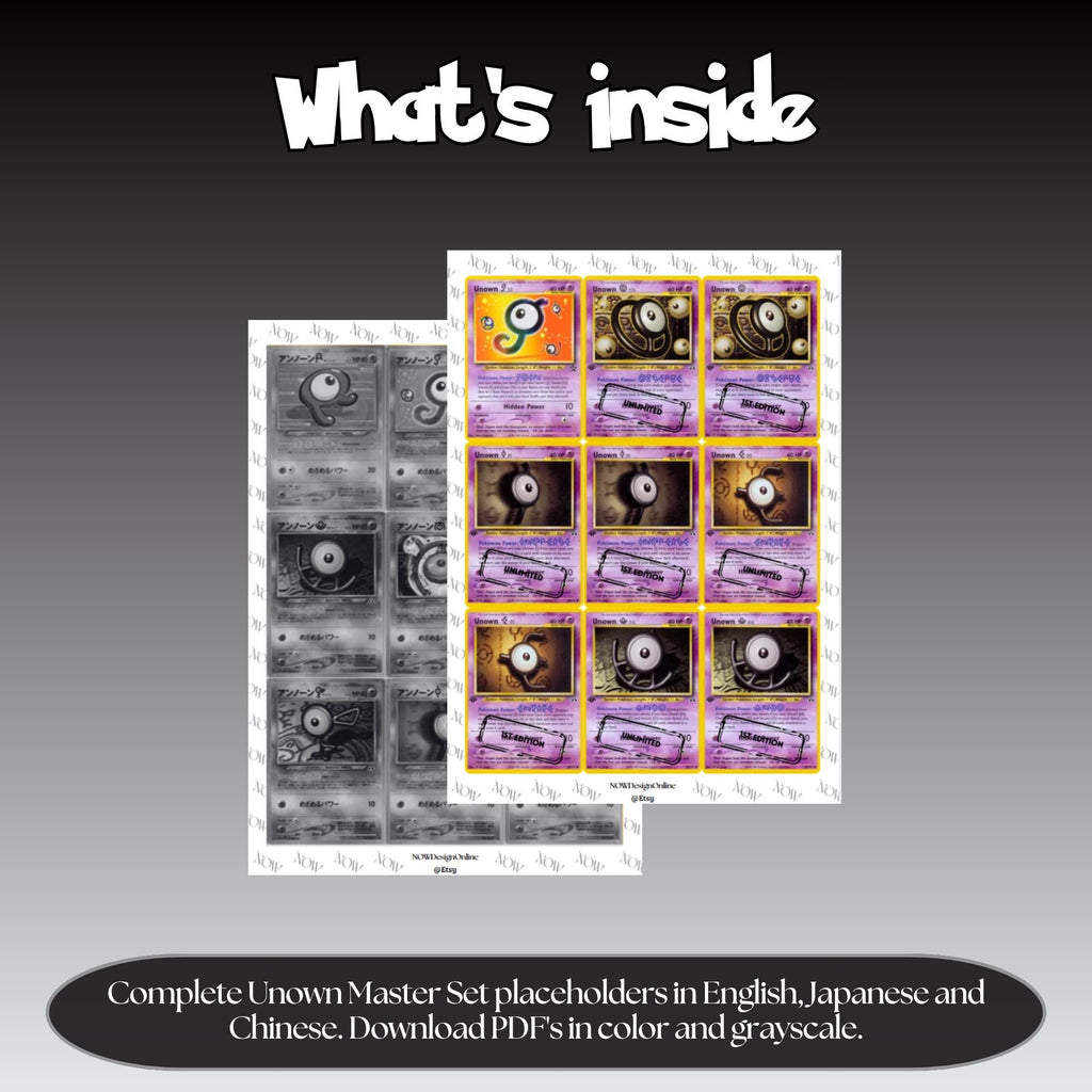 Unown binder pages set overview showing the included Pokémon cards to print and cut for your binder sleeves.