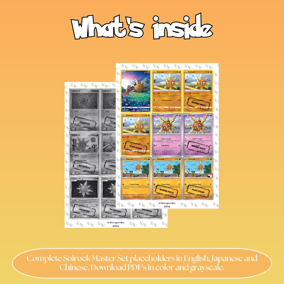 Solrock binder pages set overview showing the included Pokémon cards to print and cut for your binder sleeves.