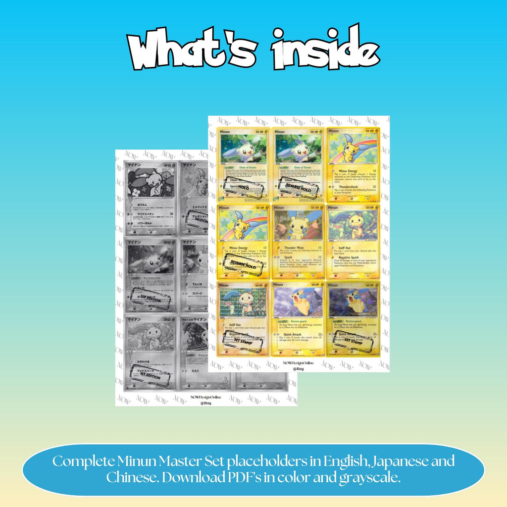 Minun binder pages set overview showing the included Pokémon cards to print and cut for your binder sleeves.
