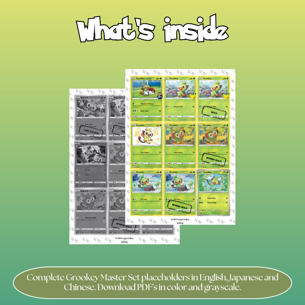 Grookey binder pages set overview showing the included Pokémon cards to print and cut for your binder sleeves.