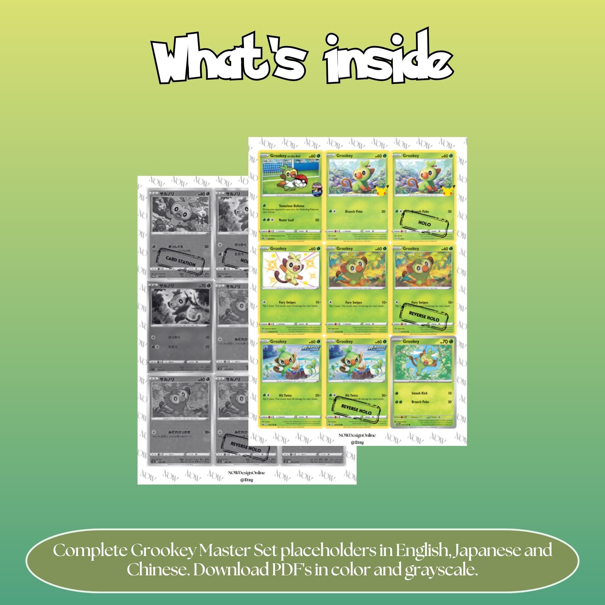 Grookey binder pages set overview showing the included Pokémon cards to print and cut for your binder sleeves.