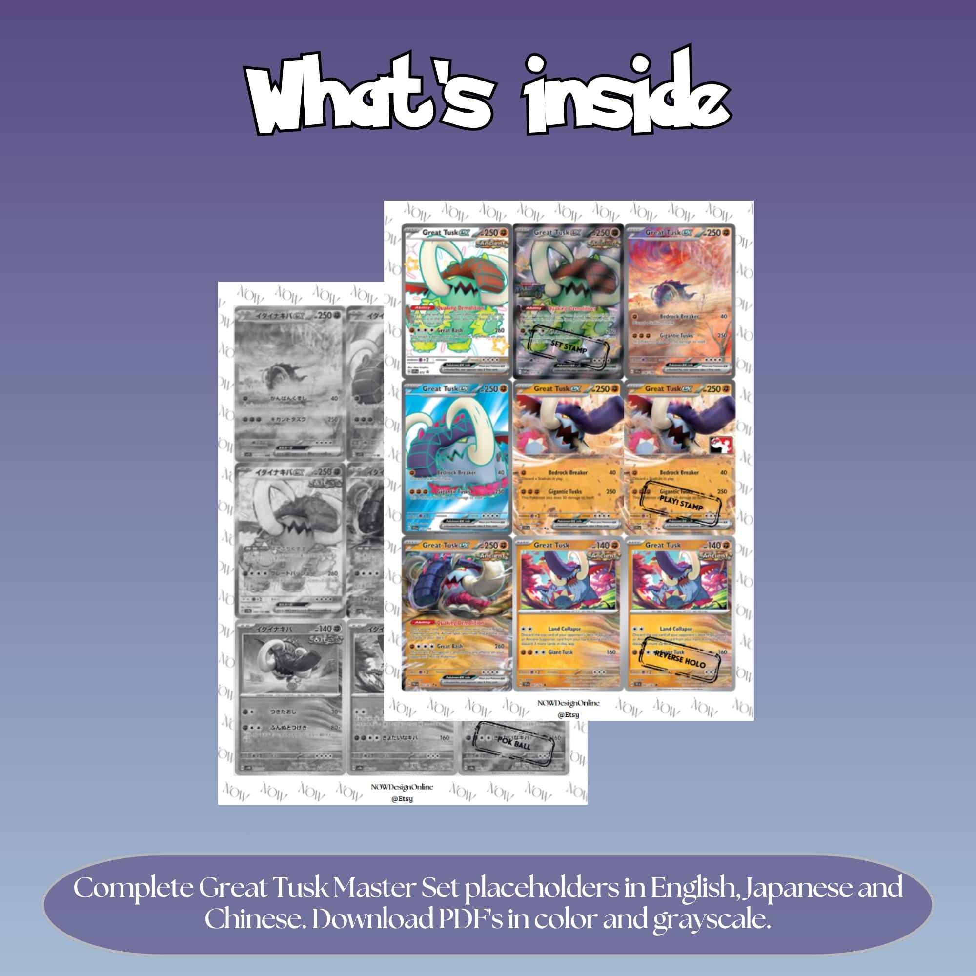 Great Tusk binder pages set overview showing the included Pokémon cards to print and cut for your binder sleeves.