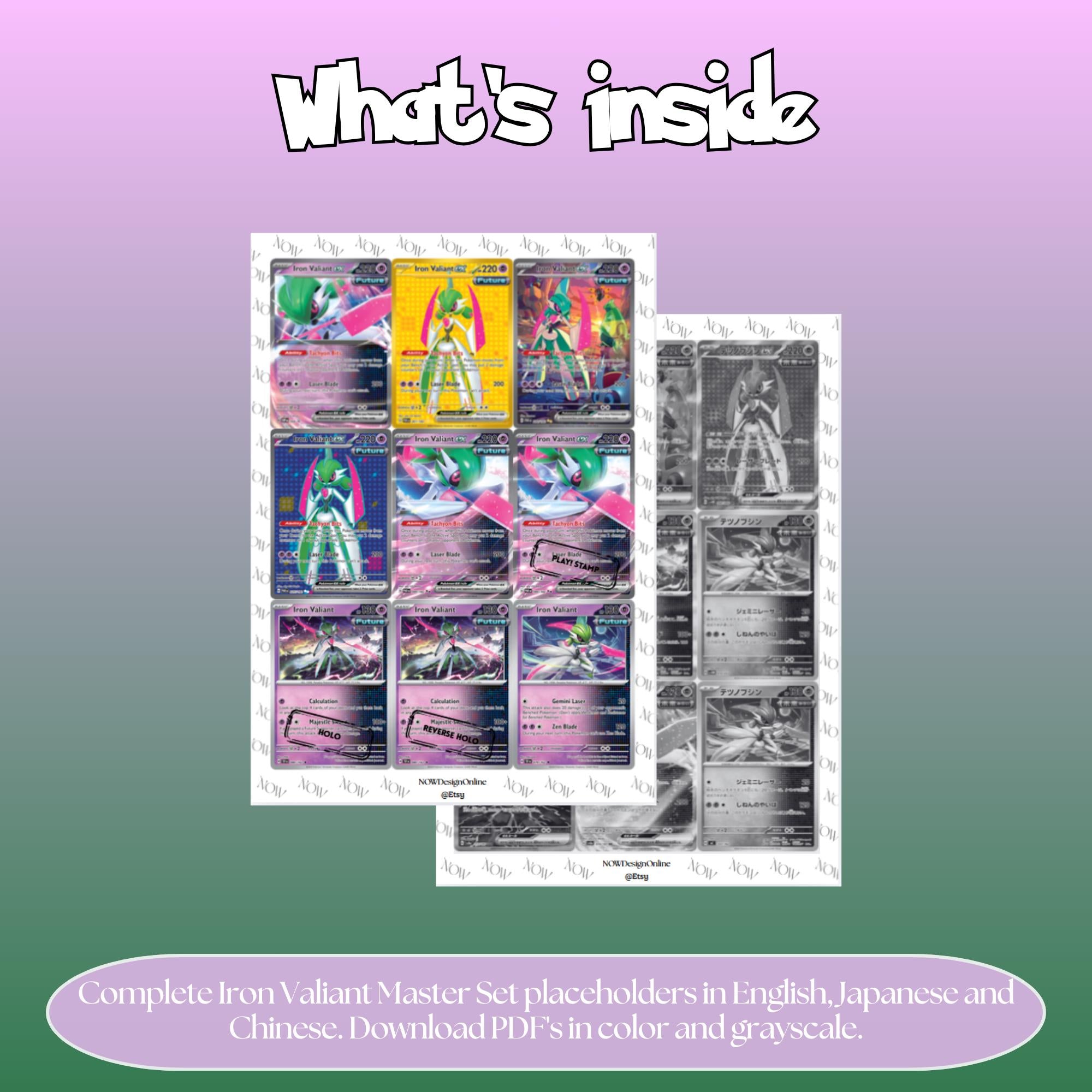 Iron Valiant binder pages set overview showing the included Pokémon cards to print and cut for your binder sleeves.