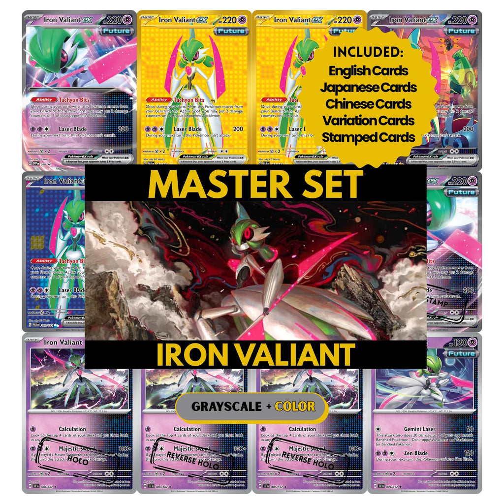 Iron Valiant binder pages set showing grayscale and color Pokémon cards, designed as a digital download to complete a collector’s binder.