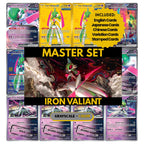 Iron Valiant binder pages set showing grayscale and color Pokémon cards, designed as a digital download to complete a collector’s binder.