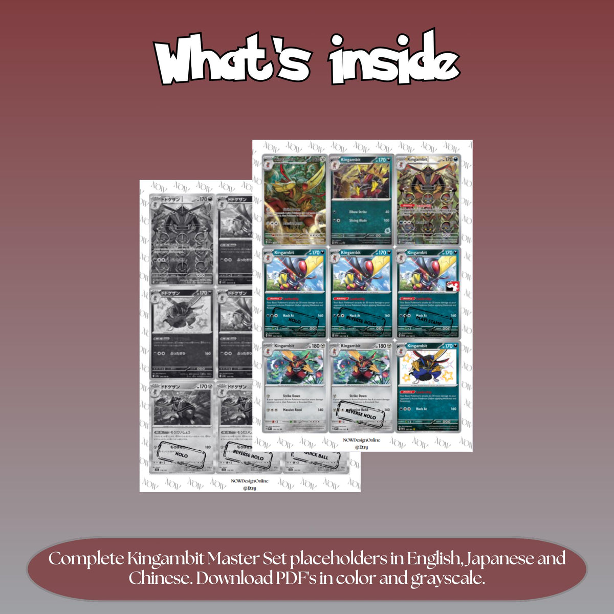 Kingambit binder pages set overview showing the included Pokémon cards to print and cut for your binder sleeves.