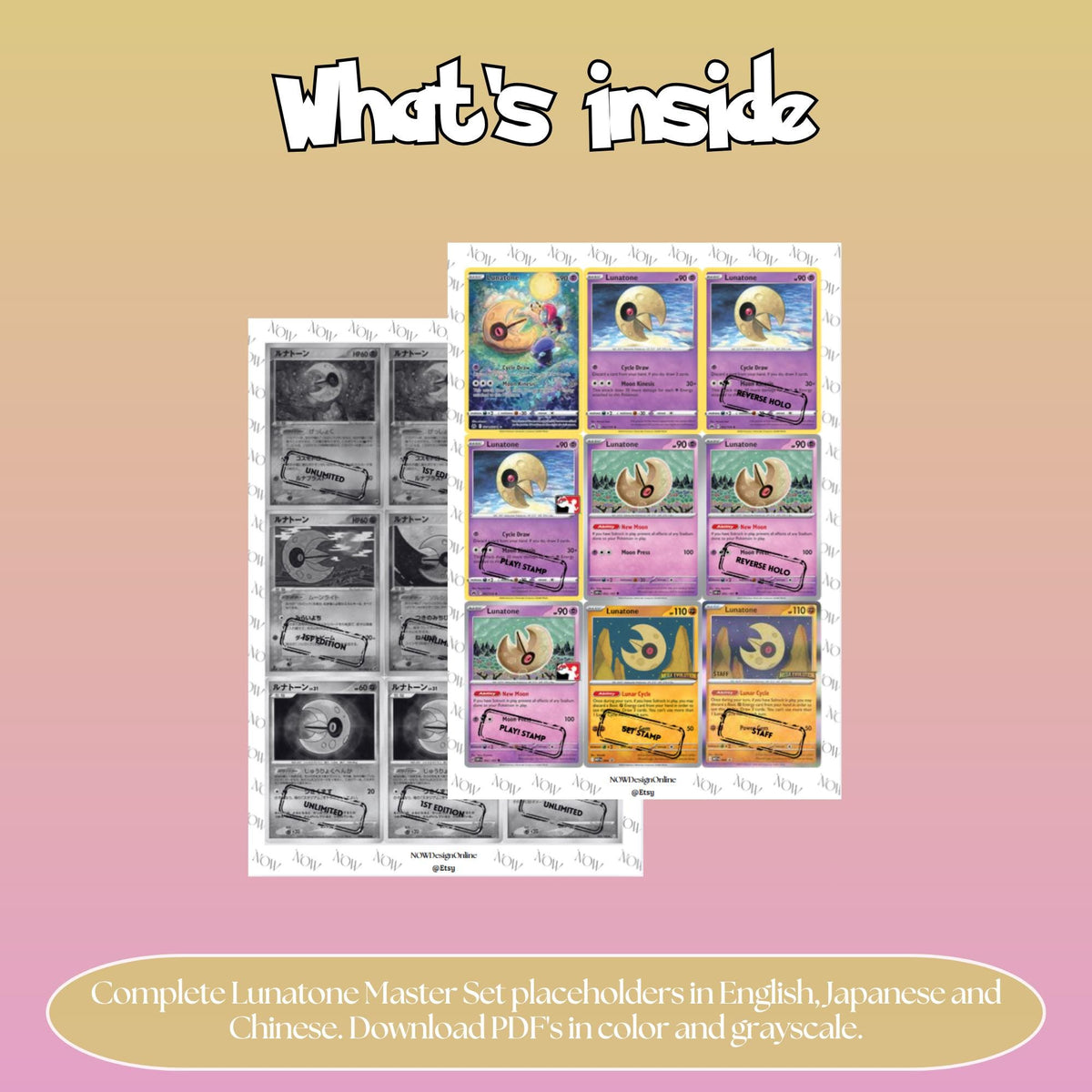 Lunatone binder pages set overview showing the included Pokémon cards to print and cut for your binder sleeves.