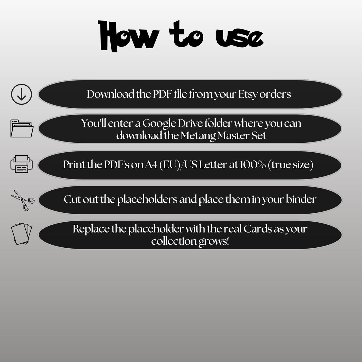 Metang cards digital download instructions explaining how to print, cut, and place placeholders in a Pokémon binder.