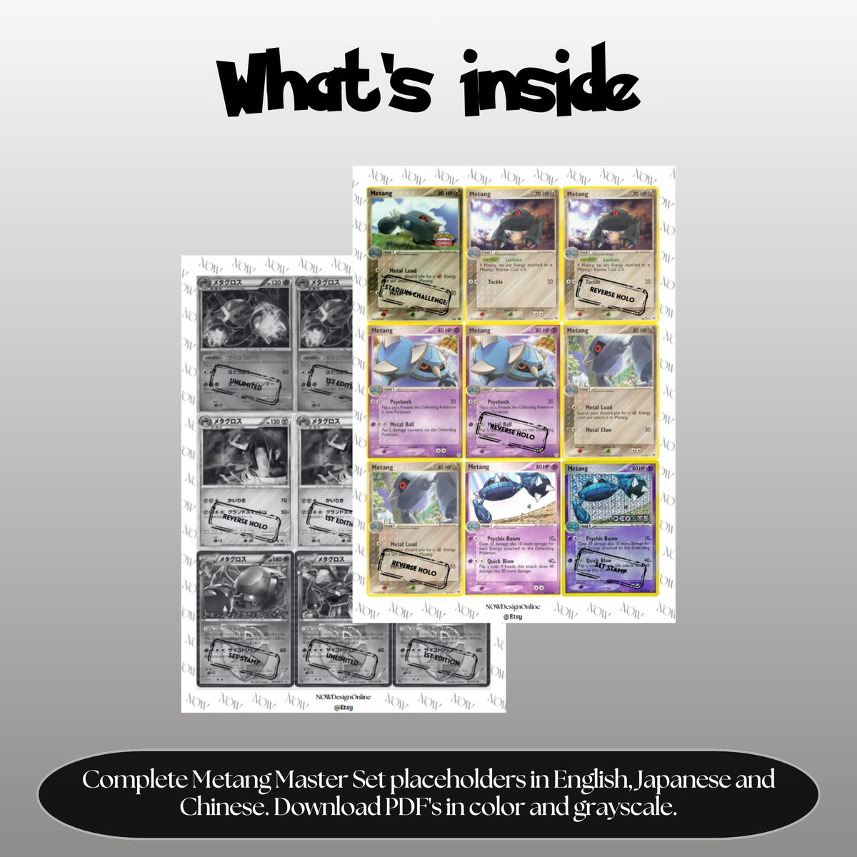 Metang binder pages set overview showing the included Pokémon cards to print and cut for your binder sleeves.
