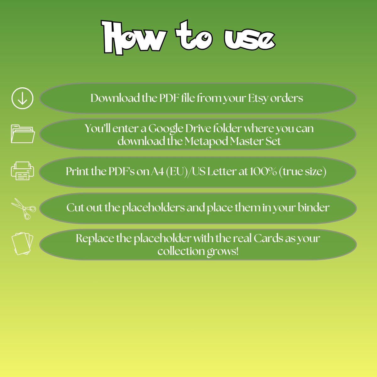 Metapod cards digital download instructions explaining how to print, cut, and place placeholders in a Pokémon binder.