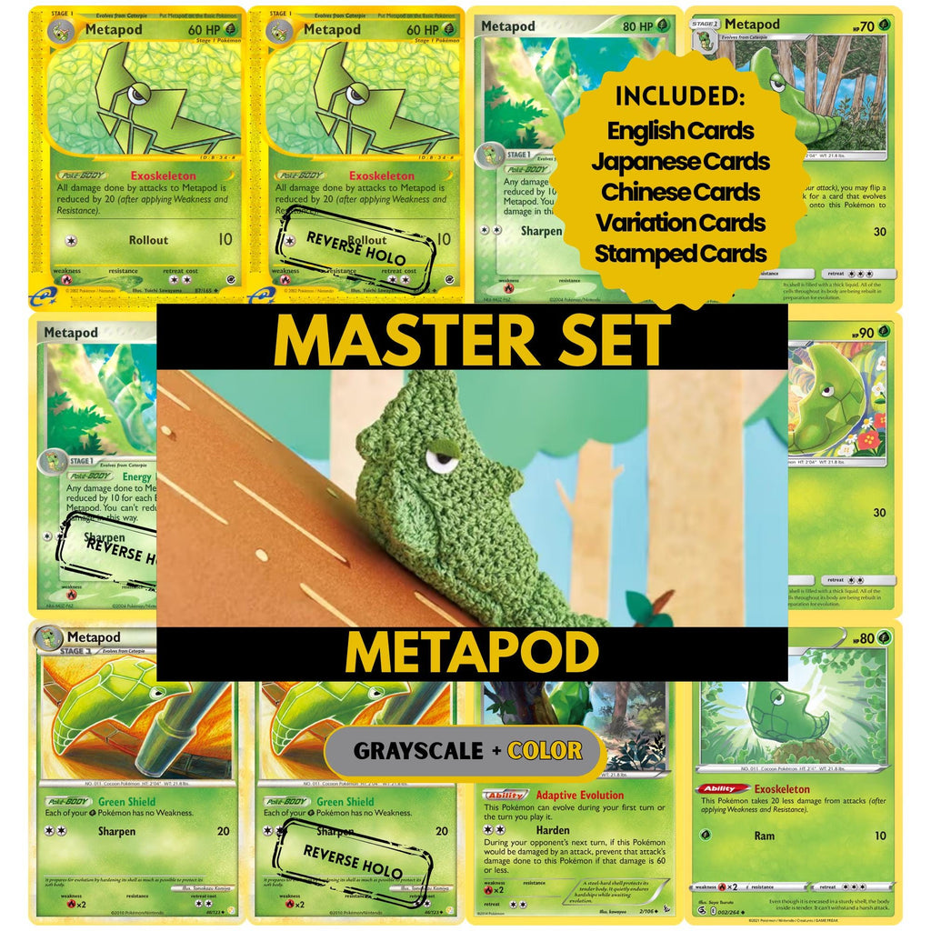 Metapod binder pages set showing grayscale and color Pokémon cards, designed as a digital download to complete a collector’s binder.