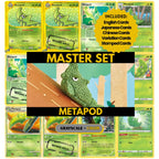 Metapod binder pages set showing grayscale and color Pokémon cards, designed as a digital download to complete a collector’s binder.