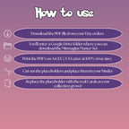 Mismagius cards digital download instructions explaining how to print, cut, and place placeholders in a Pokémon binder.
